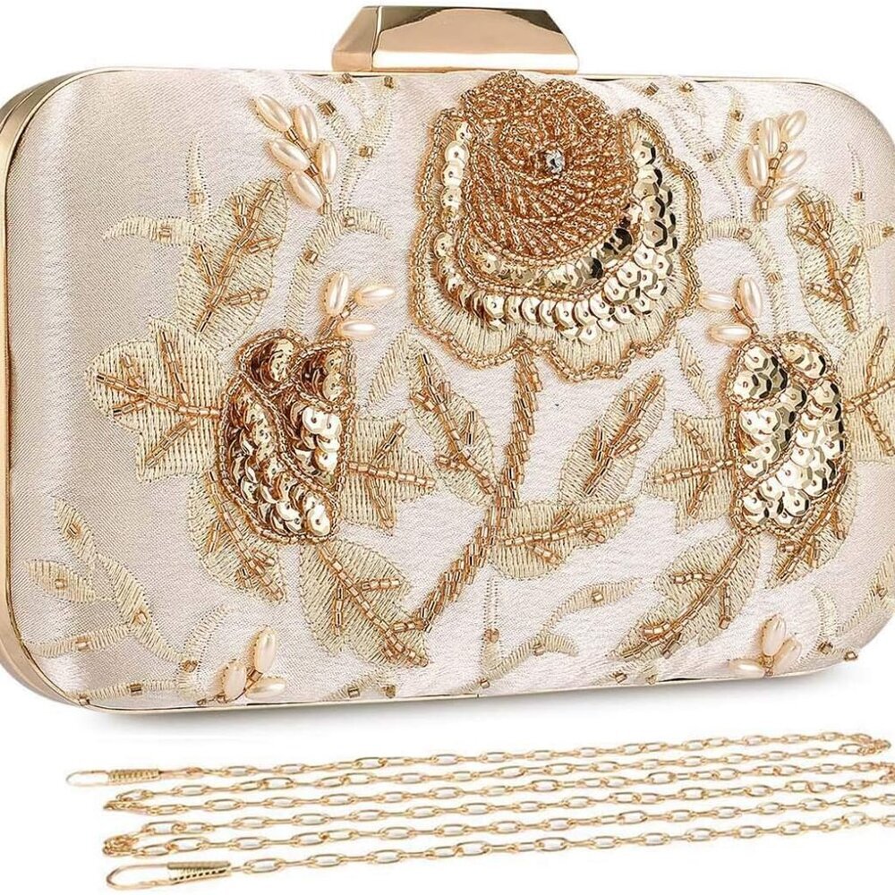 Embroidery Sequins Beaded Clutch Evening Bags for Women Formal Party Wedding Pur